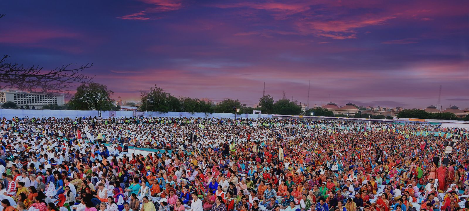 Thousands of practitioners seated together in an open field under a sunset sky